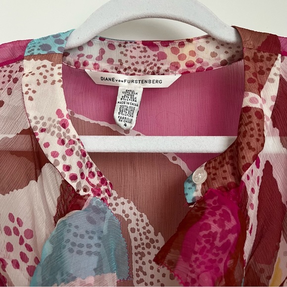 Diane von furstenberg 100% silk multicolor y2k button up frill tank blouse sz 4 - Picture 2 of 4